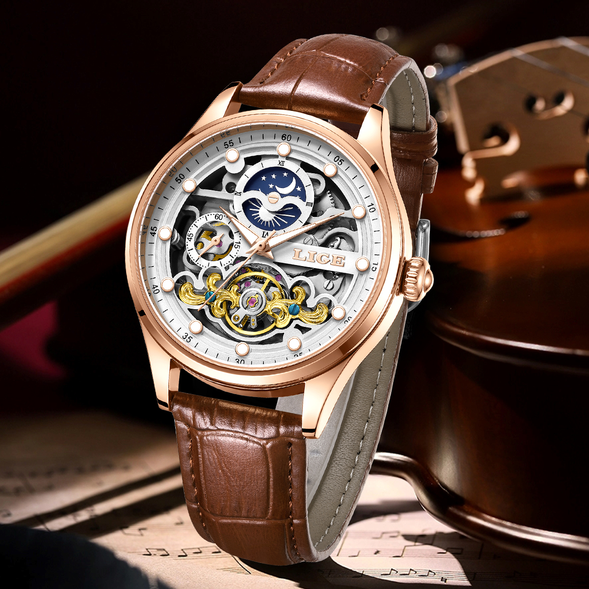 LIGE Retro Business Skeleton M – обзор и цена Mens Mechanical Watch